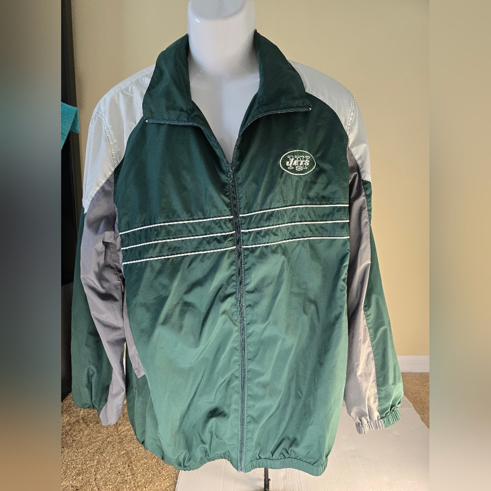 New York Jets Jacket Mens L Green Gray White NFL Football Windbreaker Full Zip